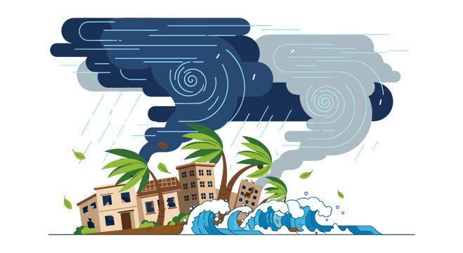A destructive natural disaster scene depicting a powerful hurricane, tornado, and tsunami impacting coastal buildings and palm trees on an island.