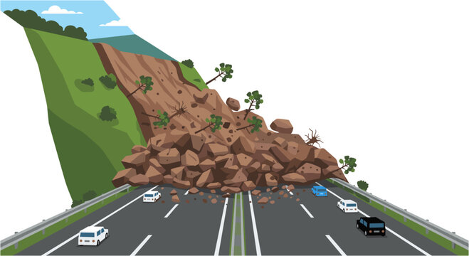 A dangerous landslide has occurred, blocking a busy multi-lane highway with a massive pile of rocks and debris, creating a hazardous situation for passing vehicles.