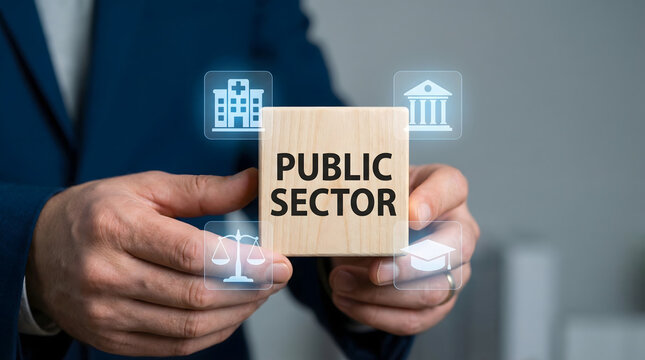 Businessman presenting public sector concept with wooden block and icons