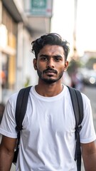 Fototapeta premium A young man with a backpack stands on a city street