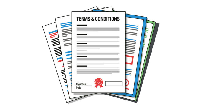 A stack of important legal documents, including terms and conditions, contracts, and official papers, symbolizing agreements and regulations.