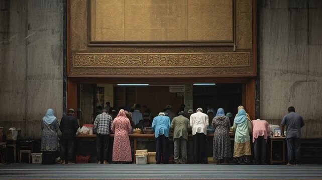 People Waiting in Line at Counter.