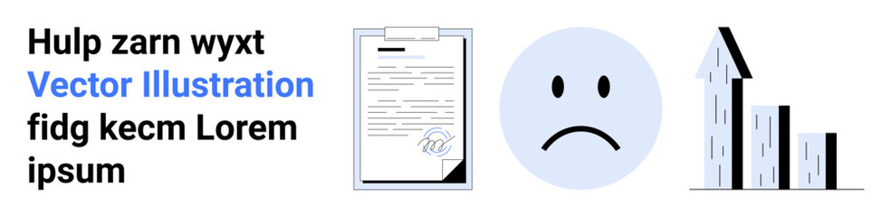 Business analysis, growth trends, emotional evaluation, professional documentation, corporate strategy, infographic design. Paper document, sad face rising graph. Business analysis and growth trends