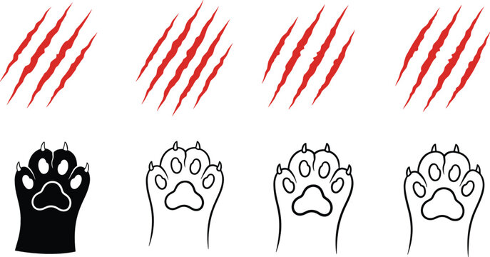 Cat claw scratches and paw prints collection vector illustration set isolated background