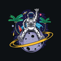 astronaut sitting on planet saturn containing coconut trees and summer beach in outer space © Abubakkar
