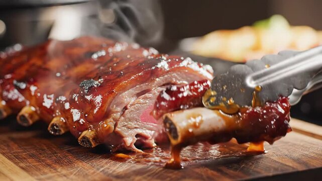 Grilled BBQ pork ribs being pulled with tongs on wooden board 4K Video