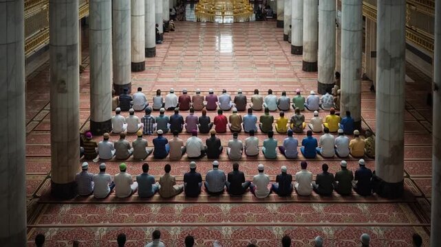Muslims Praying in Mosque with Columns.
