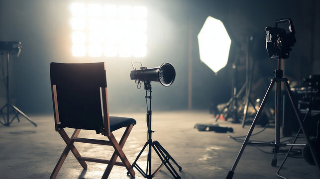 Professional film studio with director chair camera and lighting equipment on cinematic set