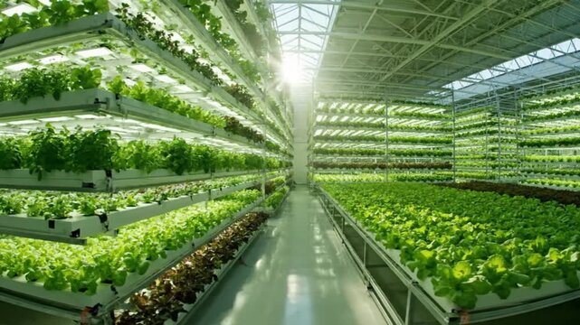 Large indoor hydroponic farm with rows of leafy green plants growing on multiple levels under bright lighting.