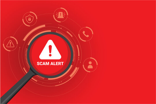 Magnifying glass scanning scam alert symbol, representing fraud detection, cybersecurity monitoring and online threat analysis.