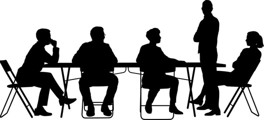 Black silhouettes of business professionals sitting at a long conference table during a corporate meeting and office discussion in silhouette