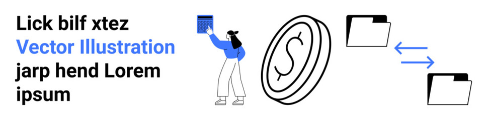 Obraz premium Digital payments, file sharing, data upload, financial management, digital storage, remote access. Person interacting with a coin and folder icons. Digital payments and file sharing concept
