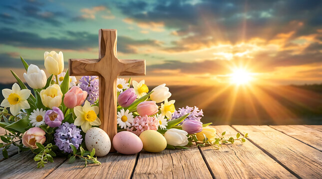 Christian wooden cross with Easter eggs and spring flowers on wood table at sunrise background