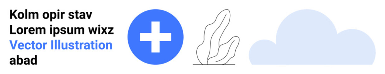 Obraz premium Health services, environmental care, cloud technology, medical assistance, natural wellness, digital storage. Blue medical cross, minimal plant outline cloud icon. Health services and environmental