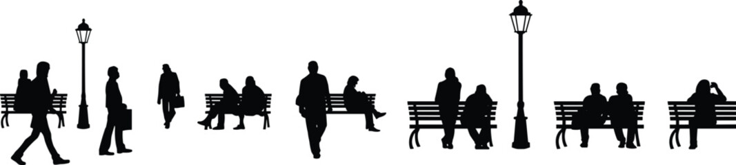 Black silhouettes of people sitting on park benches and walking past street lamps representing urban relaxation public spaces and community © Sreemotijaynotyrani 