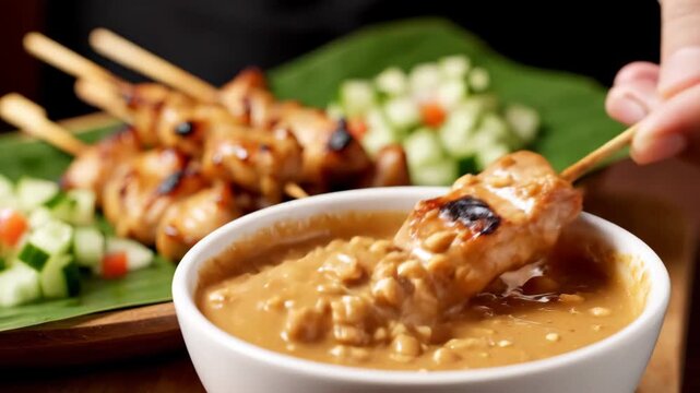 Grilled chicken satay skewers dipping into peanut sauce 4K Video