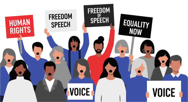 Diverse group of people holding protest signs advocating for human rights, freedom of speech, equality, and the importance of voice.
