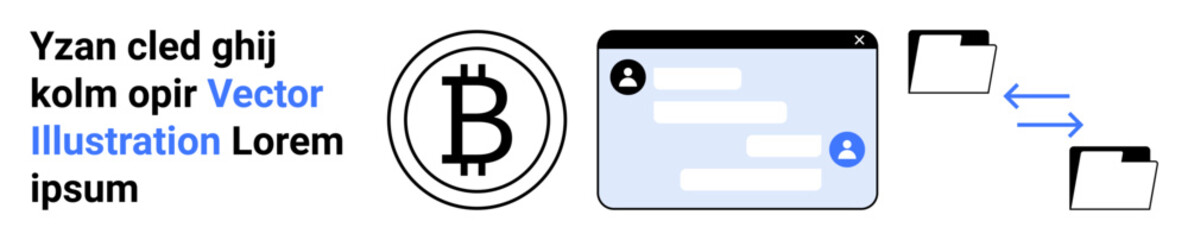 Fototapeta premium Cryptocurrency, blockchain, digital communication, data sharing, peer-to-peer network, financial transactions. A Bitcoin symbol, chat interface and file transfer icons. Cryptocurrency and blockchain