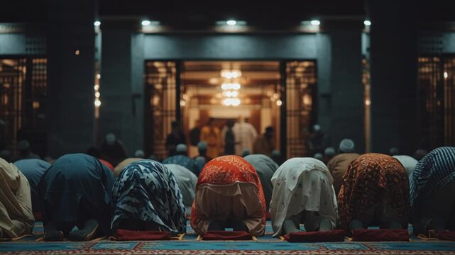 Muslims Praying Together in Mosque at Night.