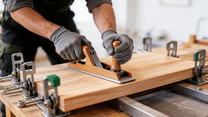 Carpenter planing wooden board with hand plane