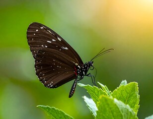 Fototapeta premium A black butterfly perched on green leaves in a natural setting