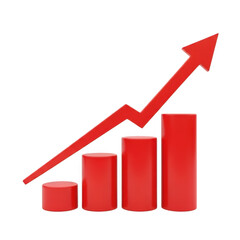 Red upward arrow with bar graph indicating growth isolated on transparent background