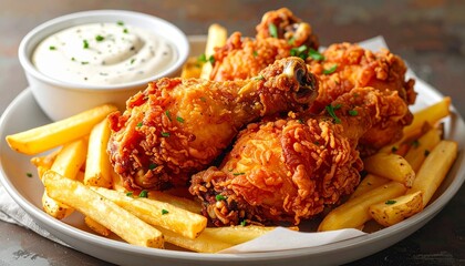 "Crispy fried chicken drumsticks with golden fries and dipping sauce."