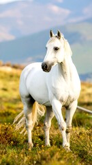 Obraz premium White horse in a grassy field, mountains in background