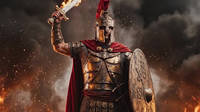 Fierce roman warrior standing with sword and shield amidst intense fiery battle scene depiction of historical combat armor valor.