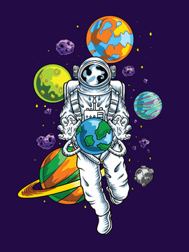 Astronaut fly in space with planets