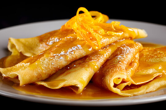 Delicious Crepes Suzette with Orange Sauce and Zesty Garnish on a White Plate Isolated on Black Background