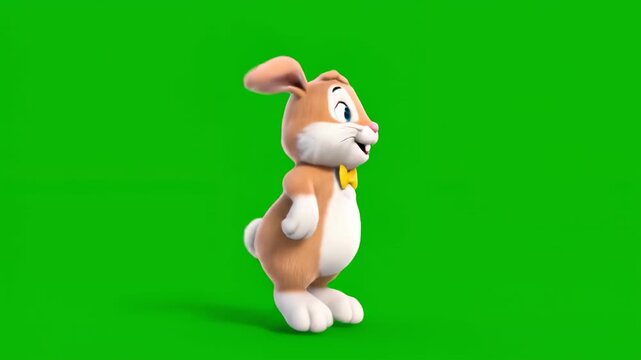 Happy easter bunny cartoon character with yellow bow tie on green background for holiday greeting card design and easter celebration.