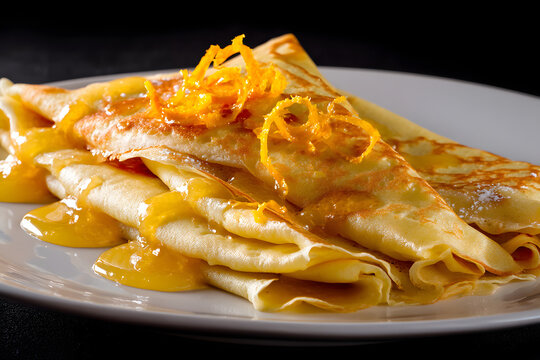 Delicious Cr&ecirc;pes Suzette with Orange Sauce and Zest on a White Plate Isolated Against a Glossy Black Background