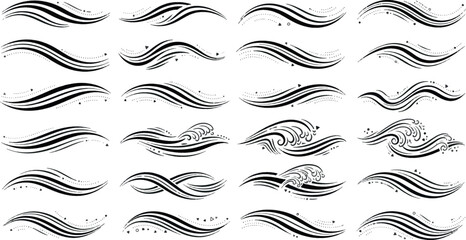 Fototapeta premium Vector Set of Abstract Water Wave Symbols, Minimalist Liquid Flow Icons and Creative Marine Stream Elements for Ocean, Surf and Hydro Design Projects