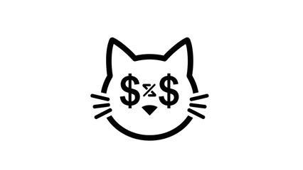 Obraz premium A stylized black cat face with dollar signs for eyes and a subtle smile on a clean white background, conveying a playful mood with simple line art.