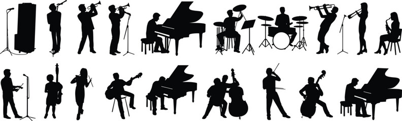 Set of Musician Silhouettes Featuring Jazz Band Performers Playing Piano Drums Trumpet Saxophone and Cello Isolated on White Background Vector © Sreemotijaynotyrani 