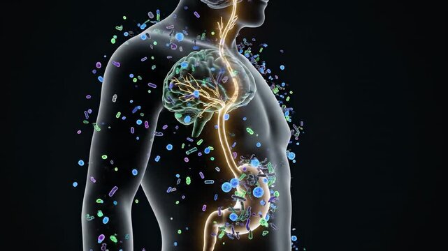 Human digestive system illustration showcasing gut health microbiome and bacteria in the gut microbiome ecosystem very clearly