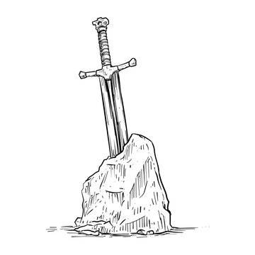 excalibur sword in the stone vector line art hand drawn illustration