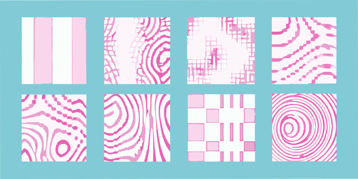 Abstract pink patterns arranged in a grid on a teal background