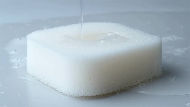Soft sponge absorbs water and expands slowly, mild material motion video