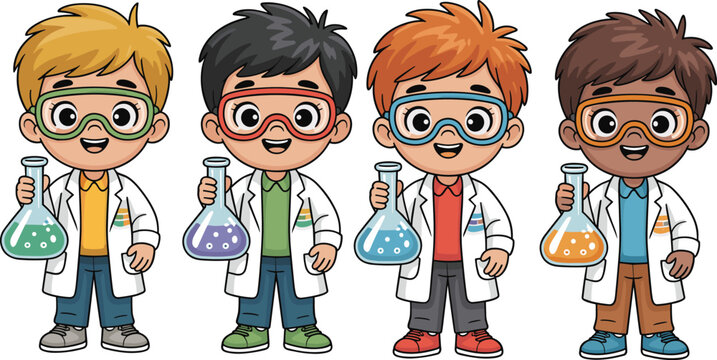 Cute boys scientist cartoon characters holding laboratory flasks kids chemistry experiment vector illustration collection set