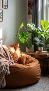 Cozy Living Room Corner with Beanbag Chair and Lush Green Plants.