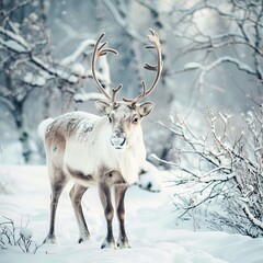 Fototapeta premium reindeer in snowy landscape, soft winter tones, peaceful mood