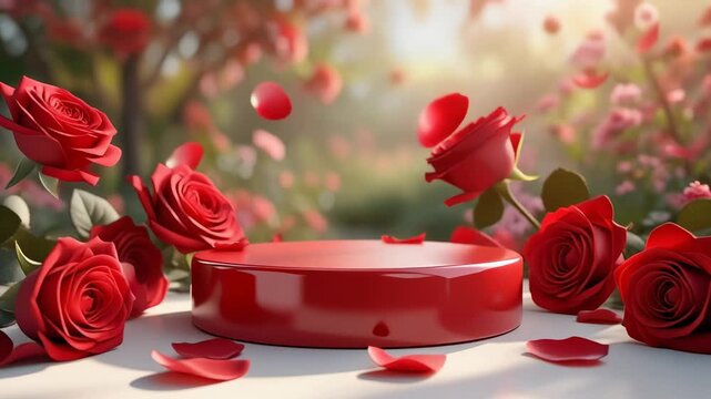 3D romantic product scene featuring a glossy red podium on a clean white table. Surrounding 