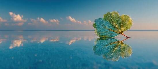 Obraz premium Leaf floats on calm water reflecting a sky with soft clouds
