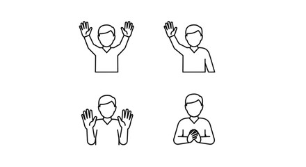 Set of four simple line icons of people with hands raised or clasped
