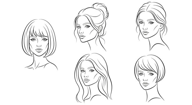 Set of six diverse female face line art illustrations with different hairstyles