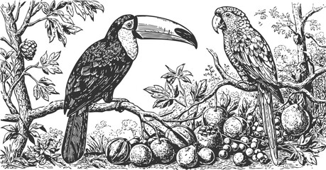 Fototapeta premium Vintage black and white illustration of toucan and parrot perched on tropical tree branches with fruit