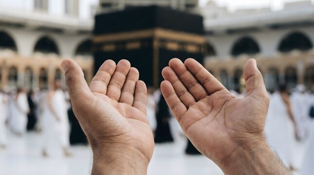 Raised hands in dua prayer facing the Kaaba at Masjid al Haram in Mecca, capturing Islamic worship, Hajj pilgrimage atmosphere, spiritual devotion, and sacred holy site of Islam.