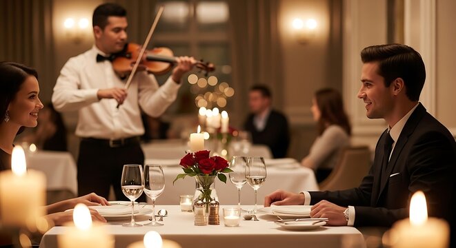 Elegant couple enjoying a romantic candlelit dinner with live violin music.
